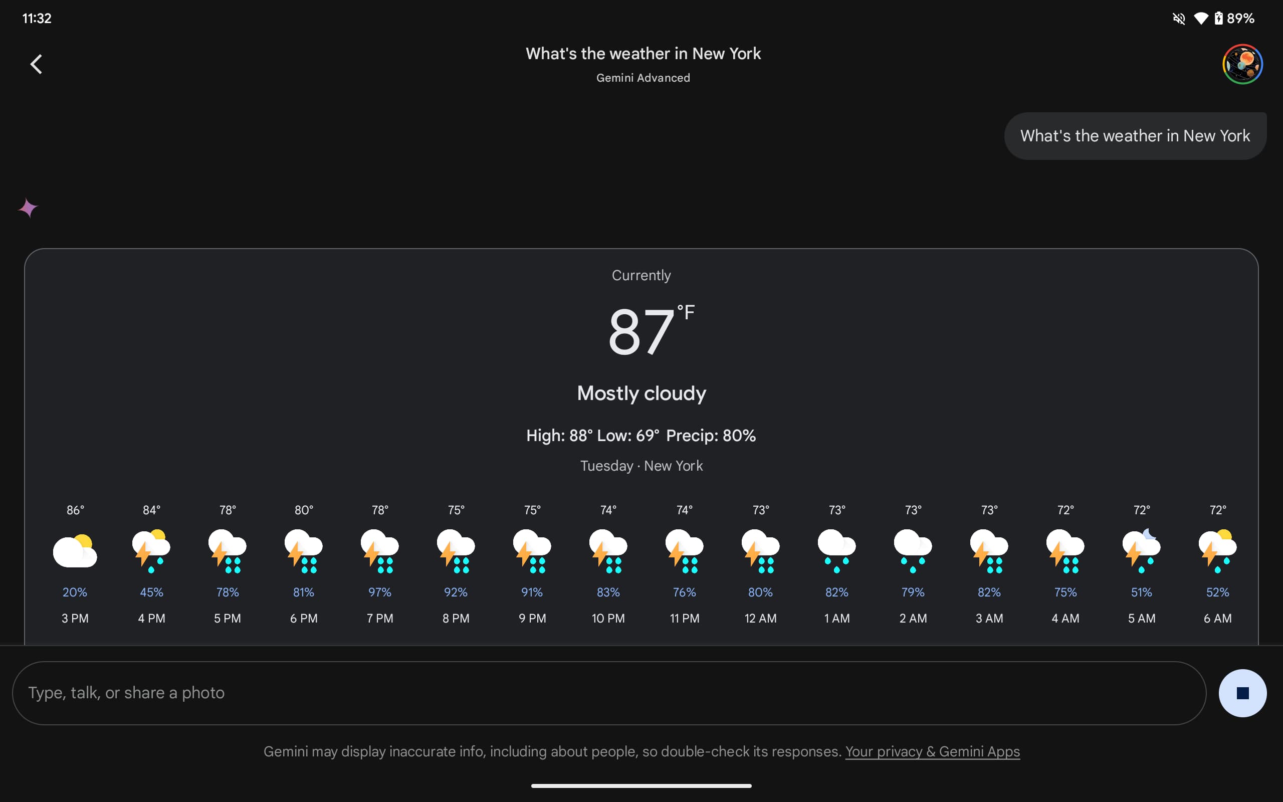 Gemini showing the weather on a Pixel Tablet