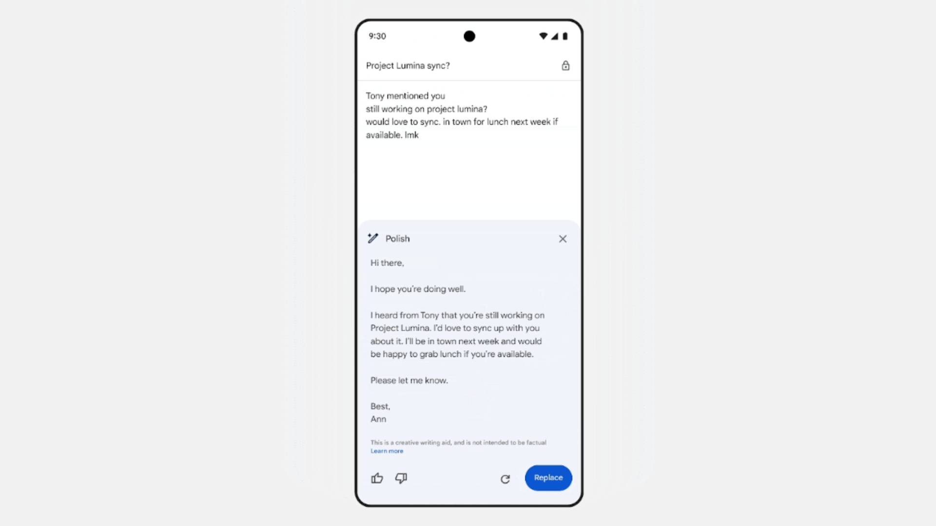 Gmail can now help you polish your drafts with a tap