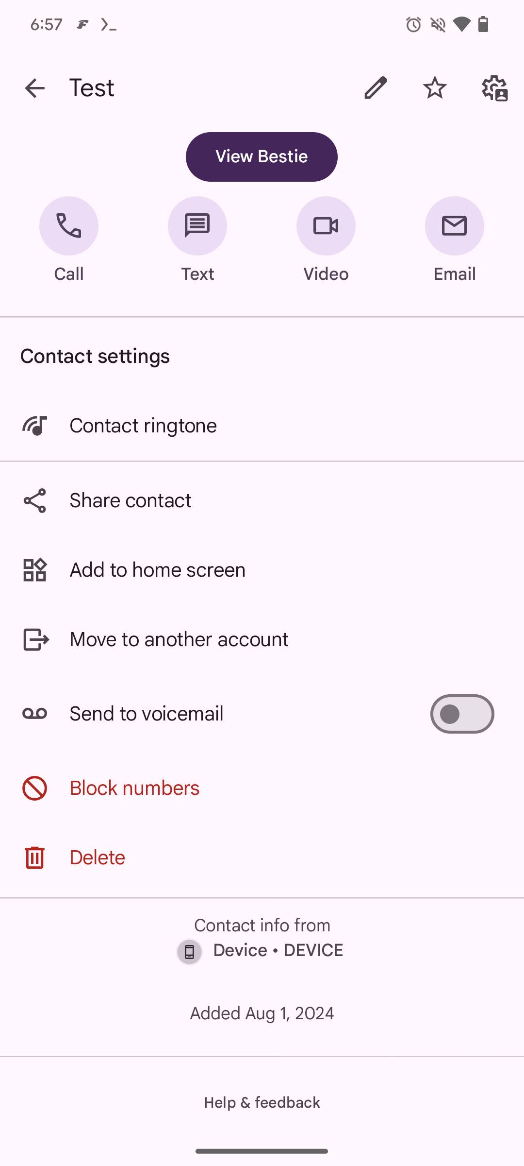 Google Contacts screenshot showing new account info section on contact page 2