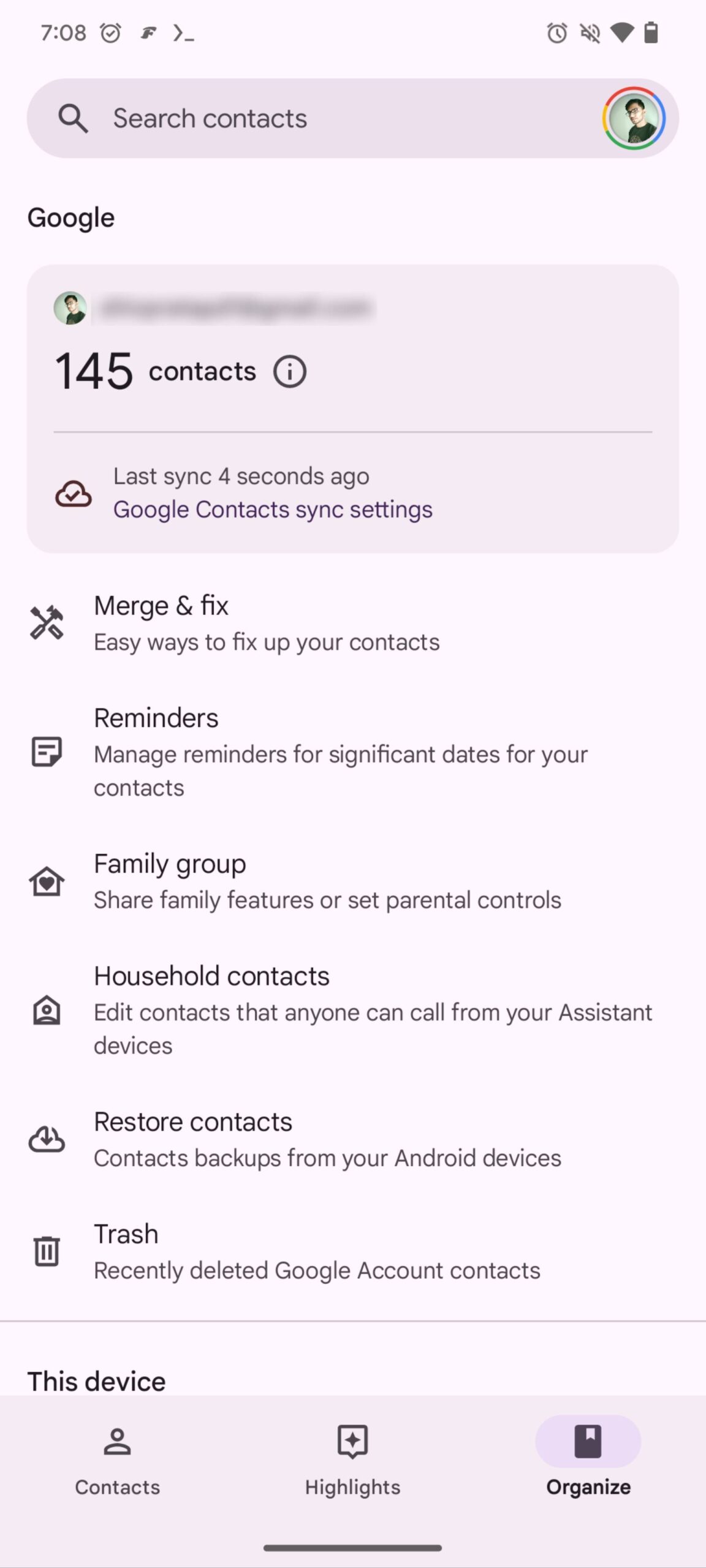 Google Contacts screenshot showing new sync section in settings.