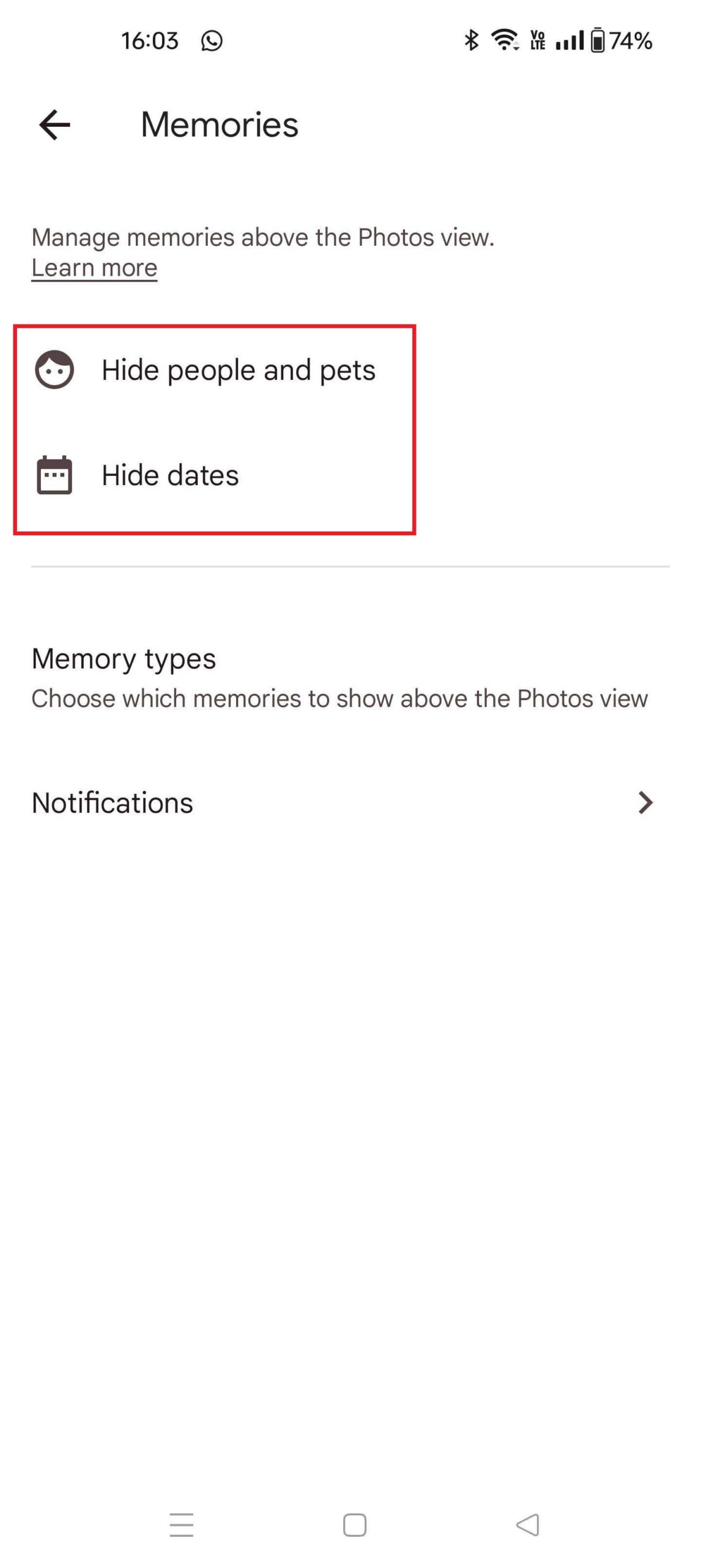 Google Photos hide from Memories 5