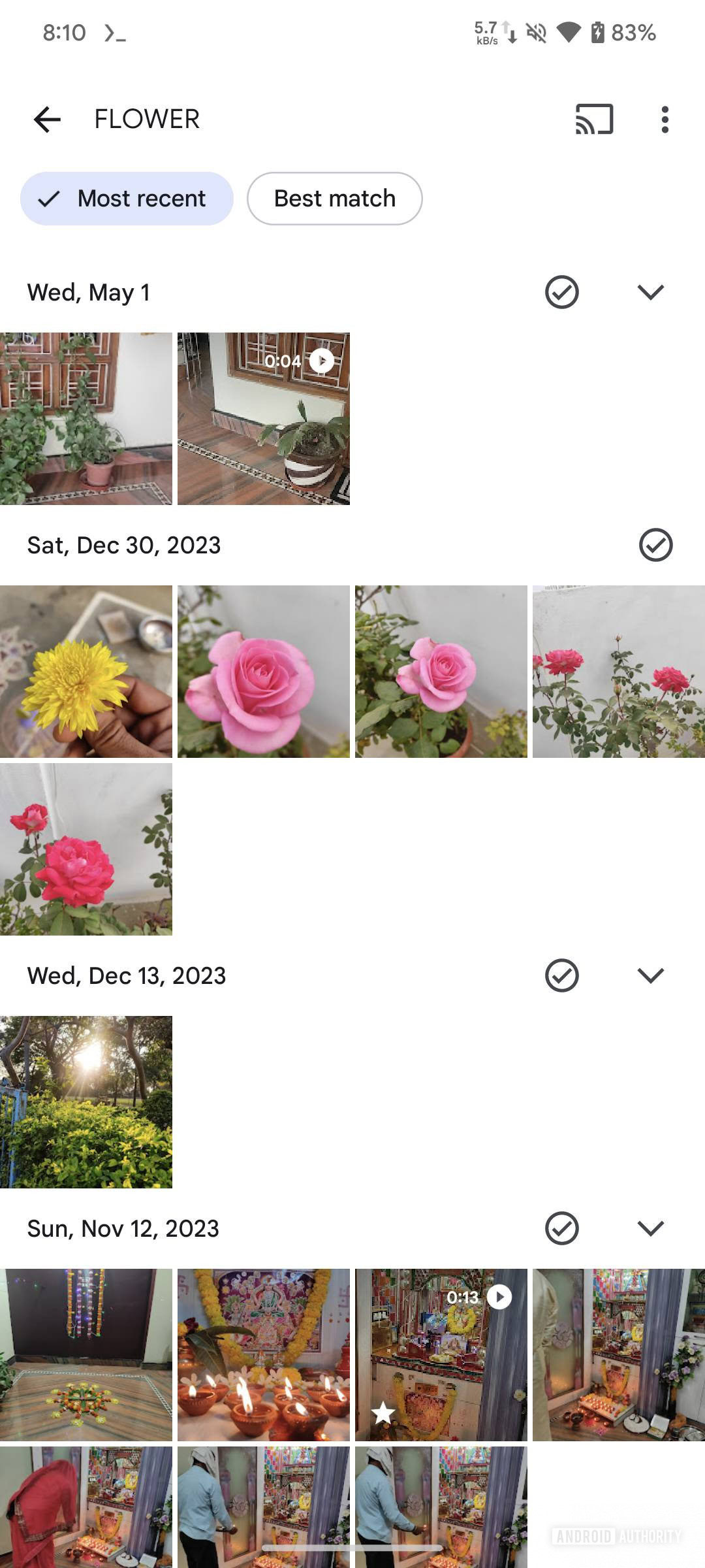 Google Photos screenshot showing Most recent filter.