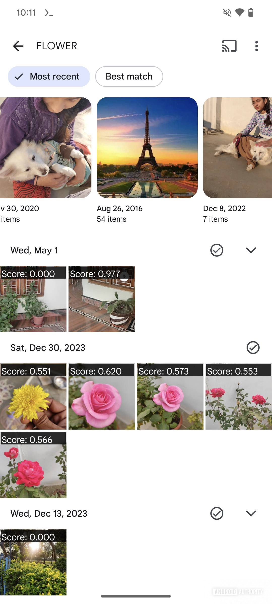 Google Photos screenshot with Most recents filter and albums in results.