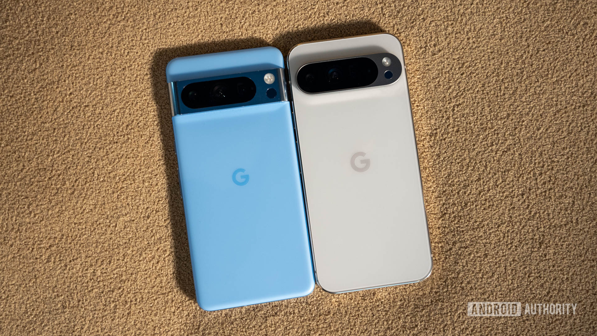 Google Pixel 8 Pro in Bay color next to Google Pixel 9 Pro XL in Porcelain color