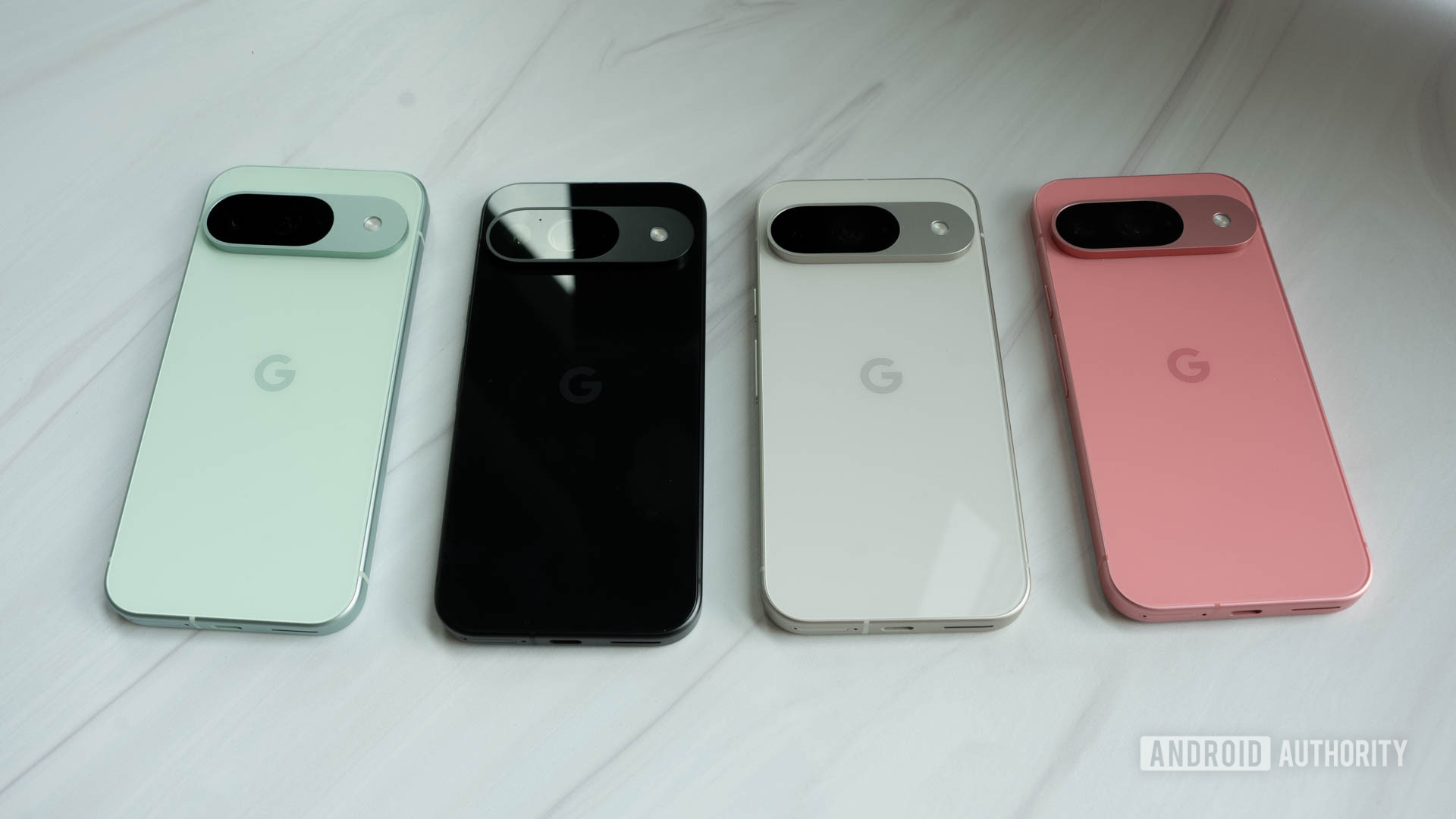 Google Pixel 9 in four colors on table