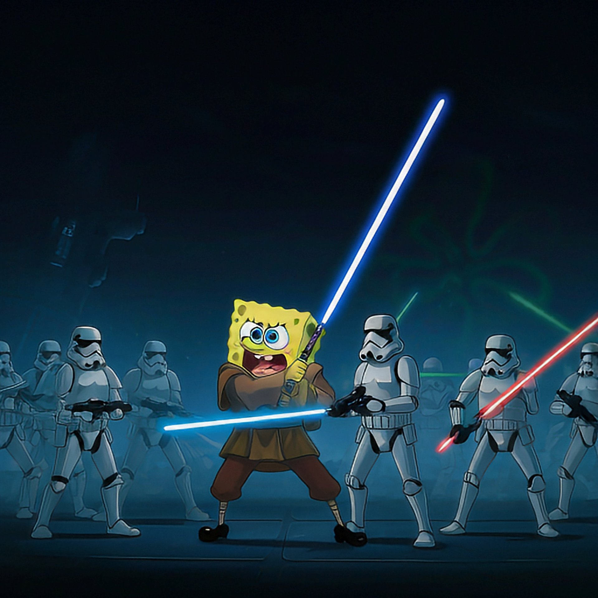 Google Pixel Studio spongebob with a lightsaber