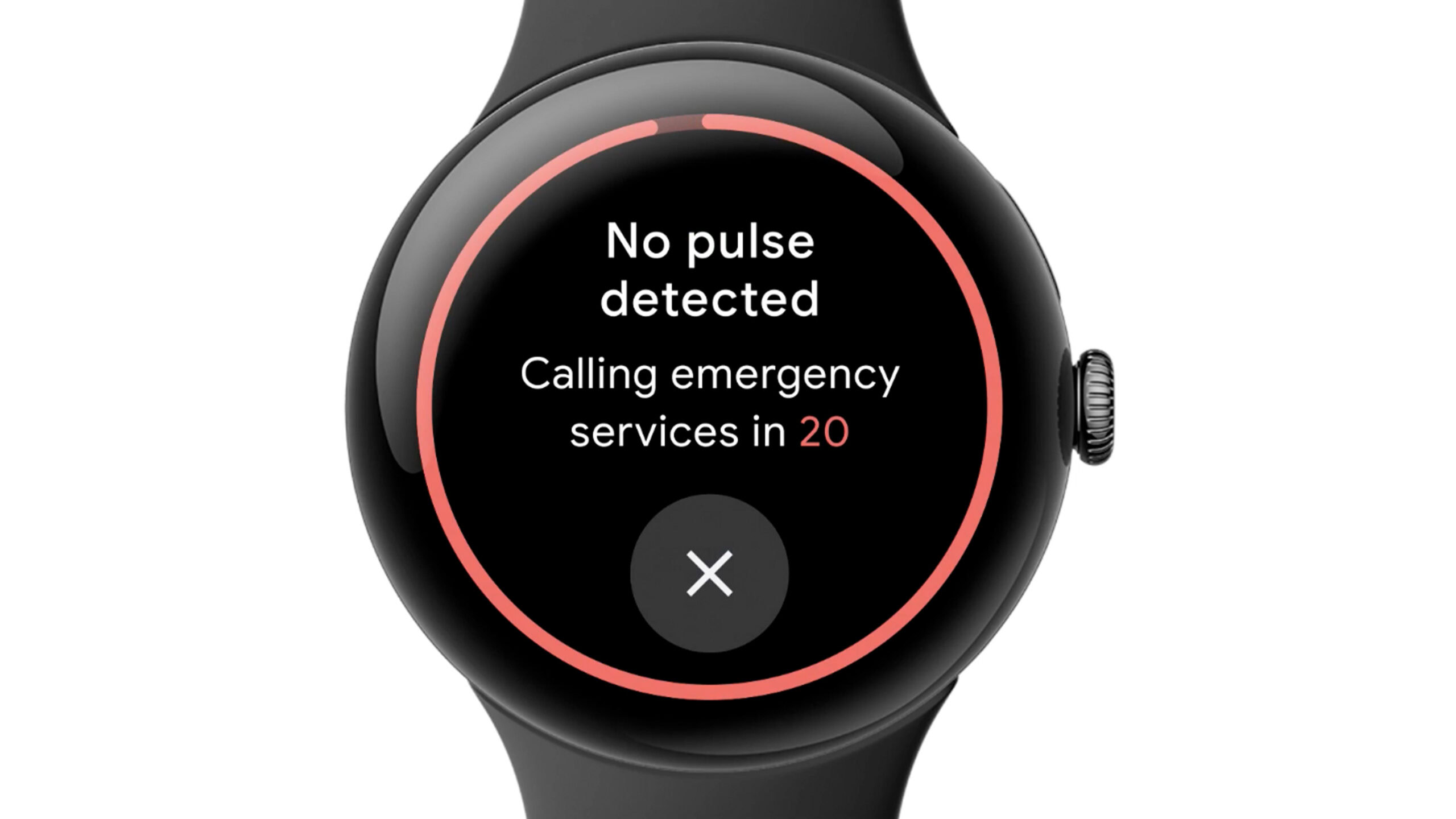 A Google Pixel Watch 3 displays the Loss of Pulse safety feature.