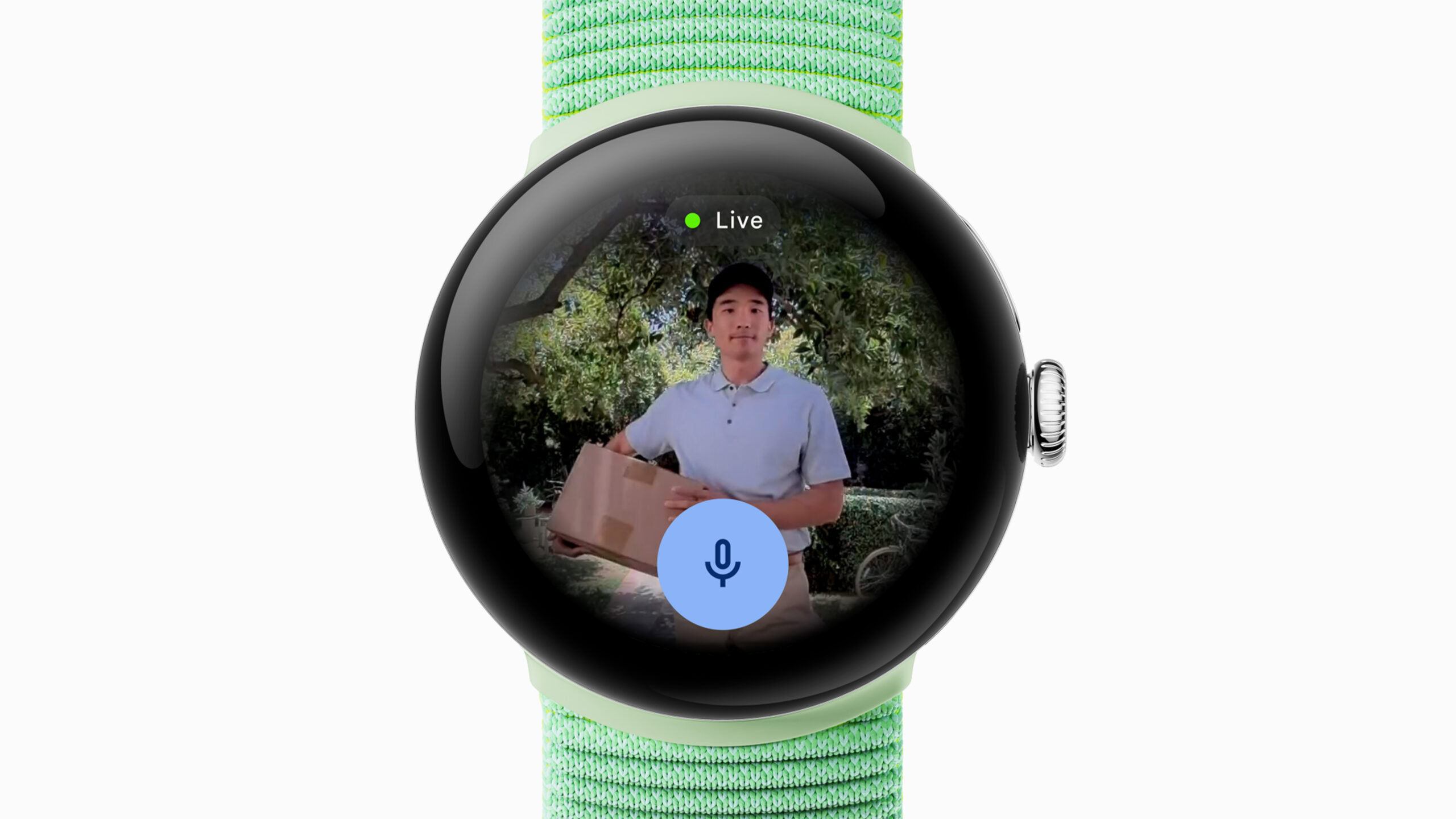 A Google Pixel Watch 3 displays a user's live Google Nest feed.