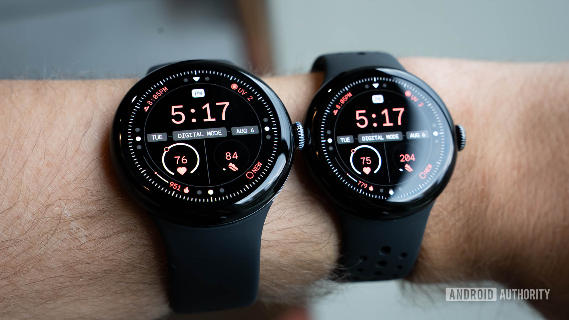 Google Pixel Watch 3 in both 45mm and 41mm sizes on person's left wrist