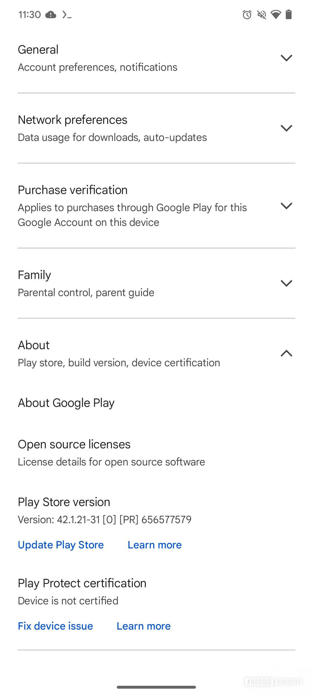 Google Play Settings showing new Play Protect certification Fix device issue button.