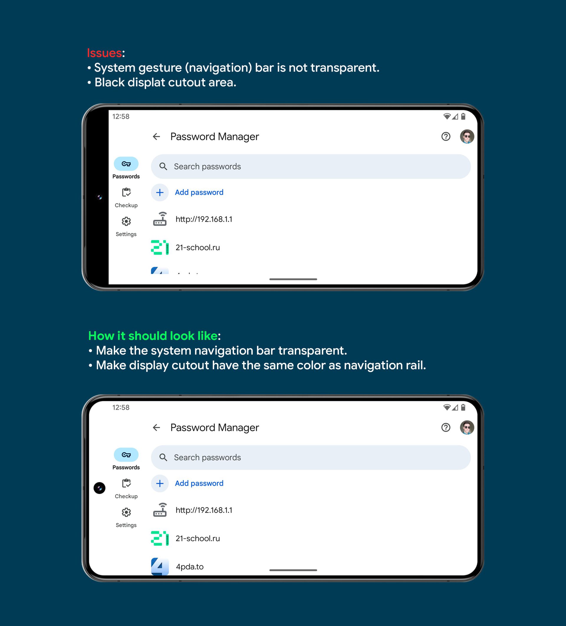 Google Password Manager not edge to edge