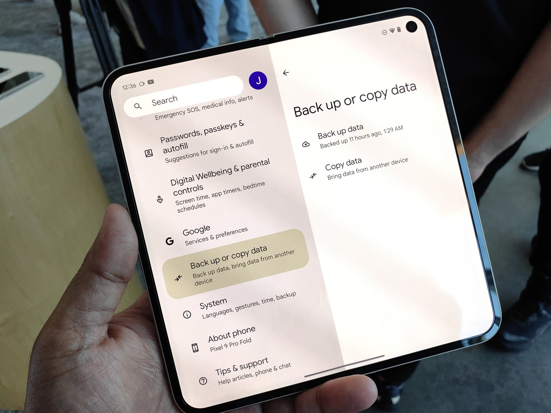 Back up or copy data settings page on Pixel 9 Pro Fold