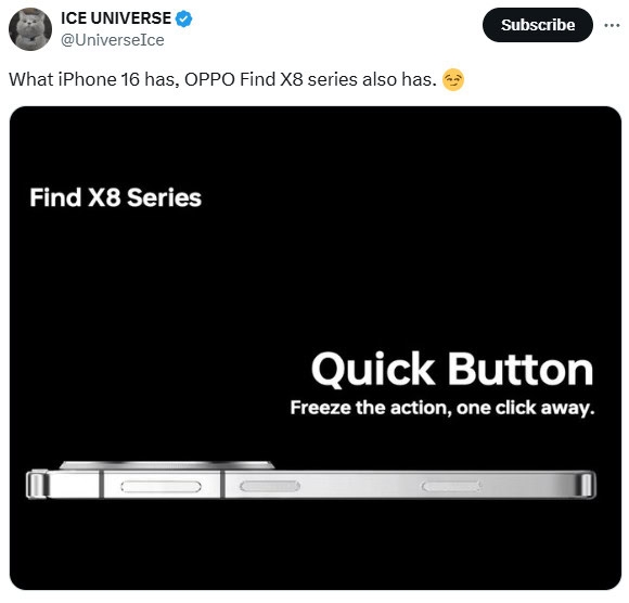 Ice Universe Oppo Find X8 series camera button