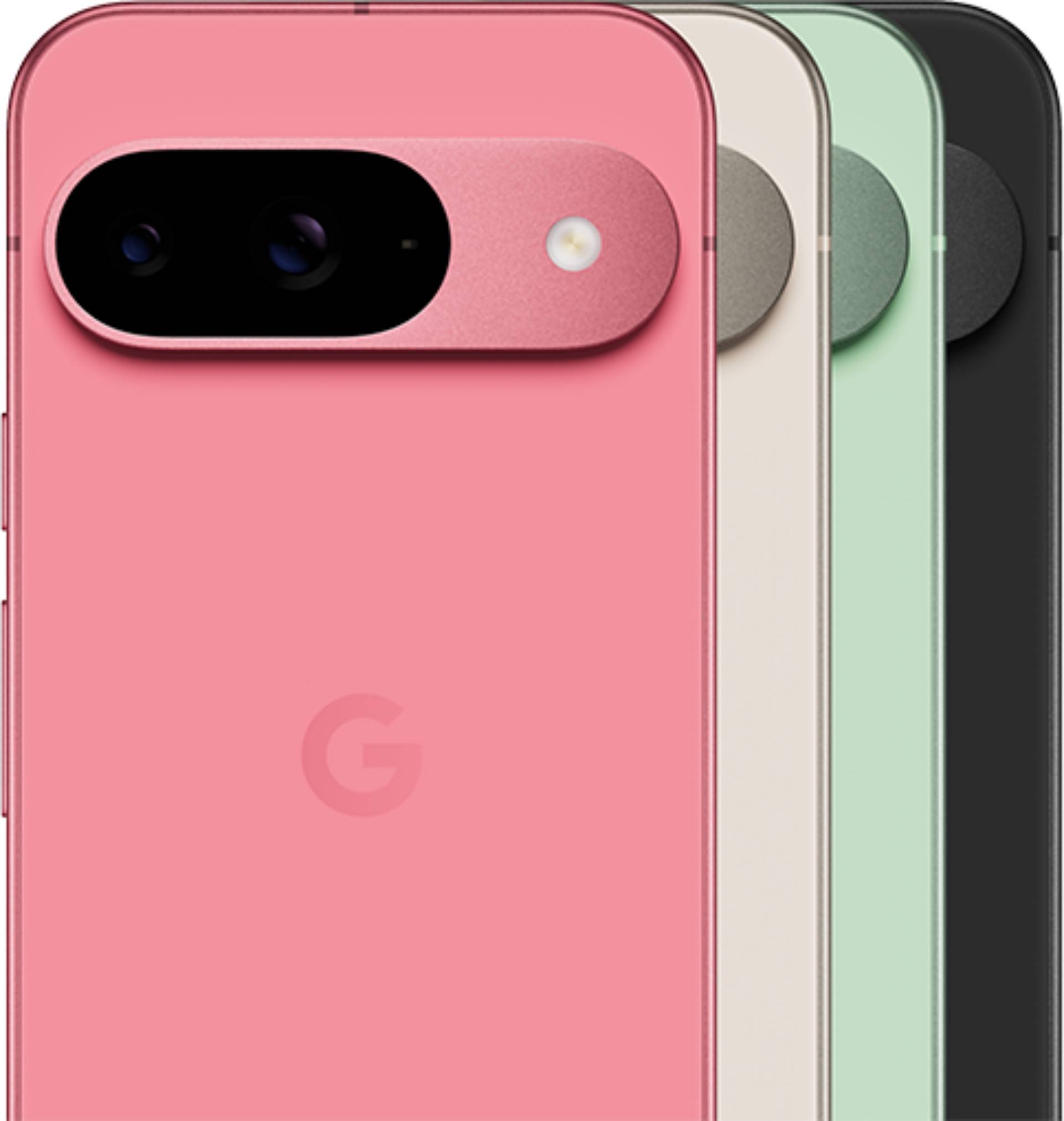 Imagen filtrada del Pixel 9 en todos los colores sobre fondo blanco.