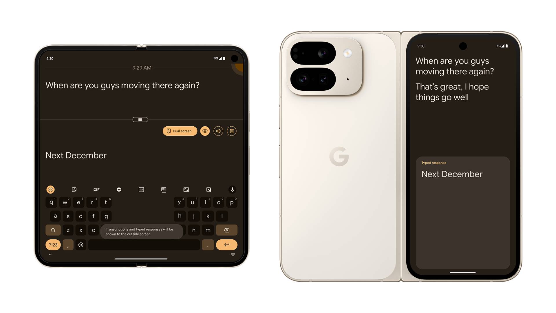 Images showing Live Transcribe's new Dual screen mode on the Pixel 9 Pro Fold.