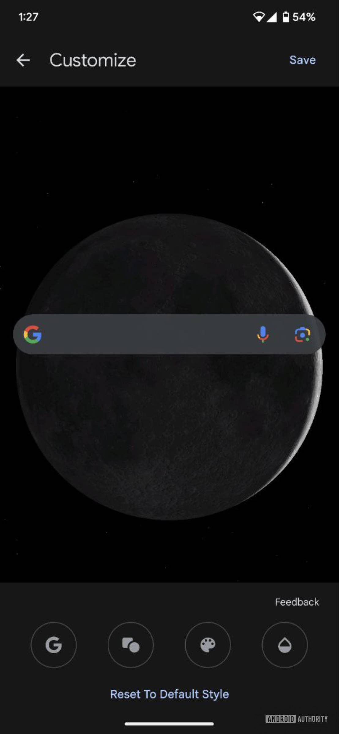 Old Google Search widget Customize menu.