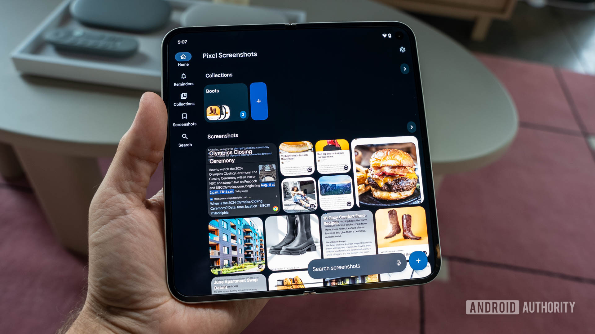 Pixel Screenshots app open on a Google Pixel 9 Pro Fold's inner display