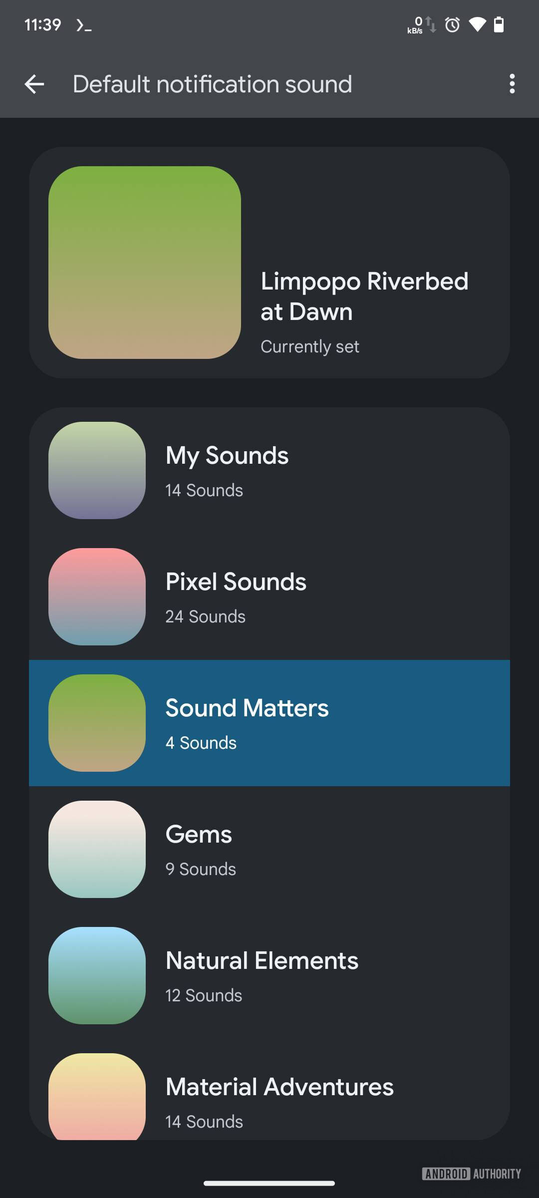 Screenshot of Default notification sound settings with new Sound Matters collection.