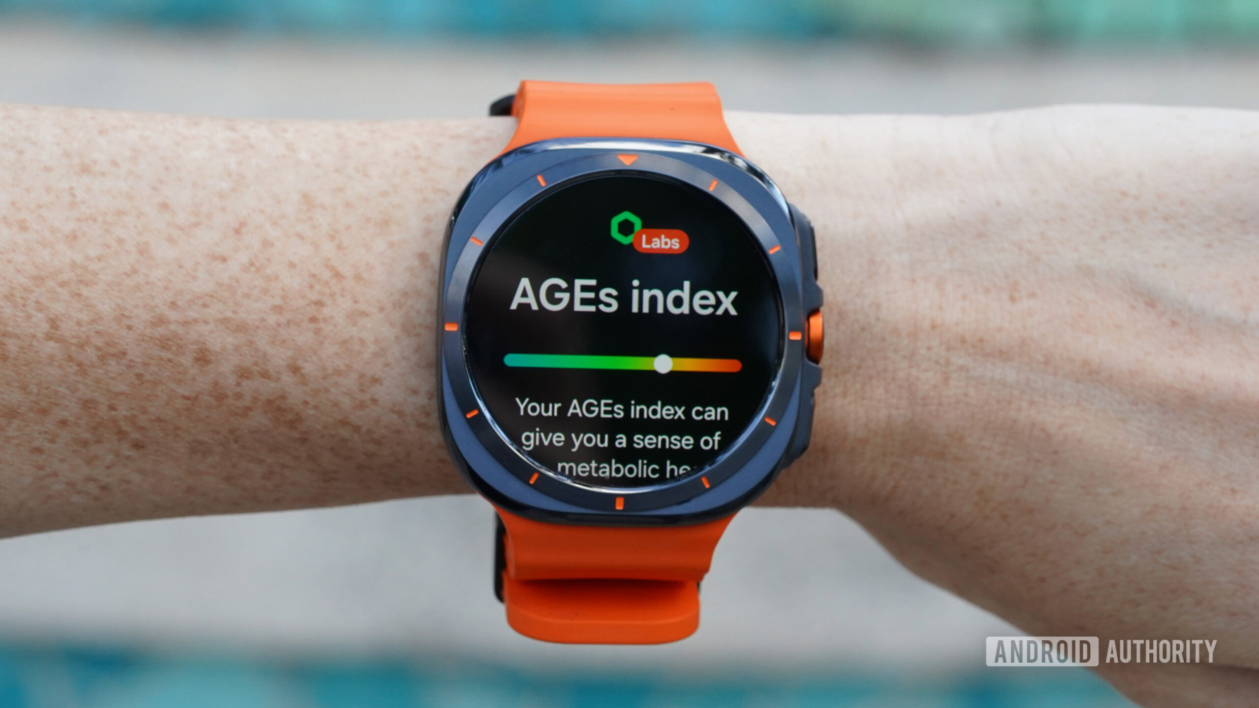 A Samsung Galaxy Watch Ultra displays the AGEs index feature.