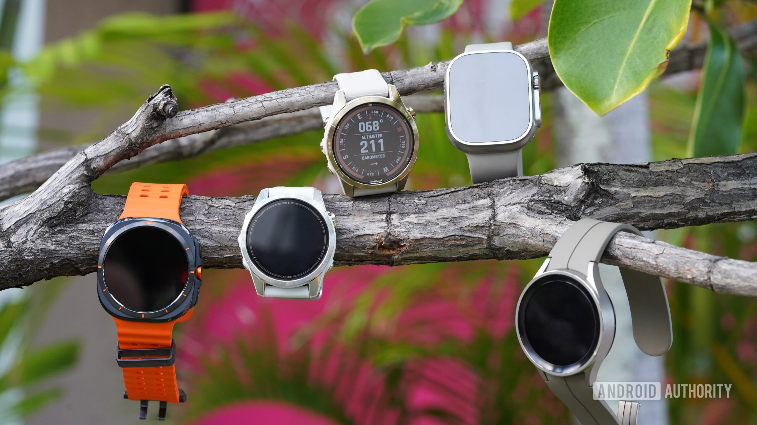 A Samsung Galaxy Watch Ultra hangs among industry alternatives.