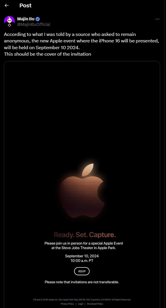 Fake iPhone 16 event invite screenshot