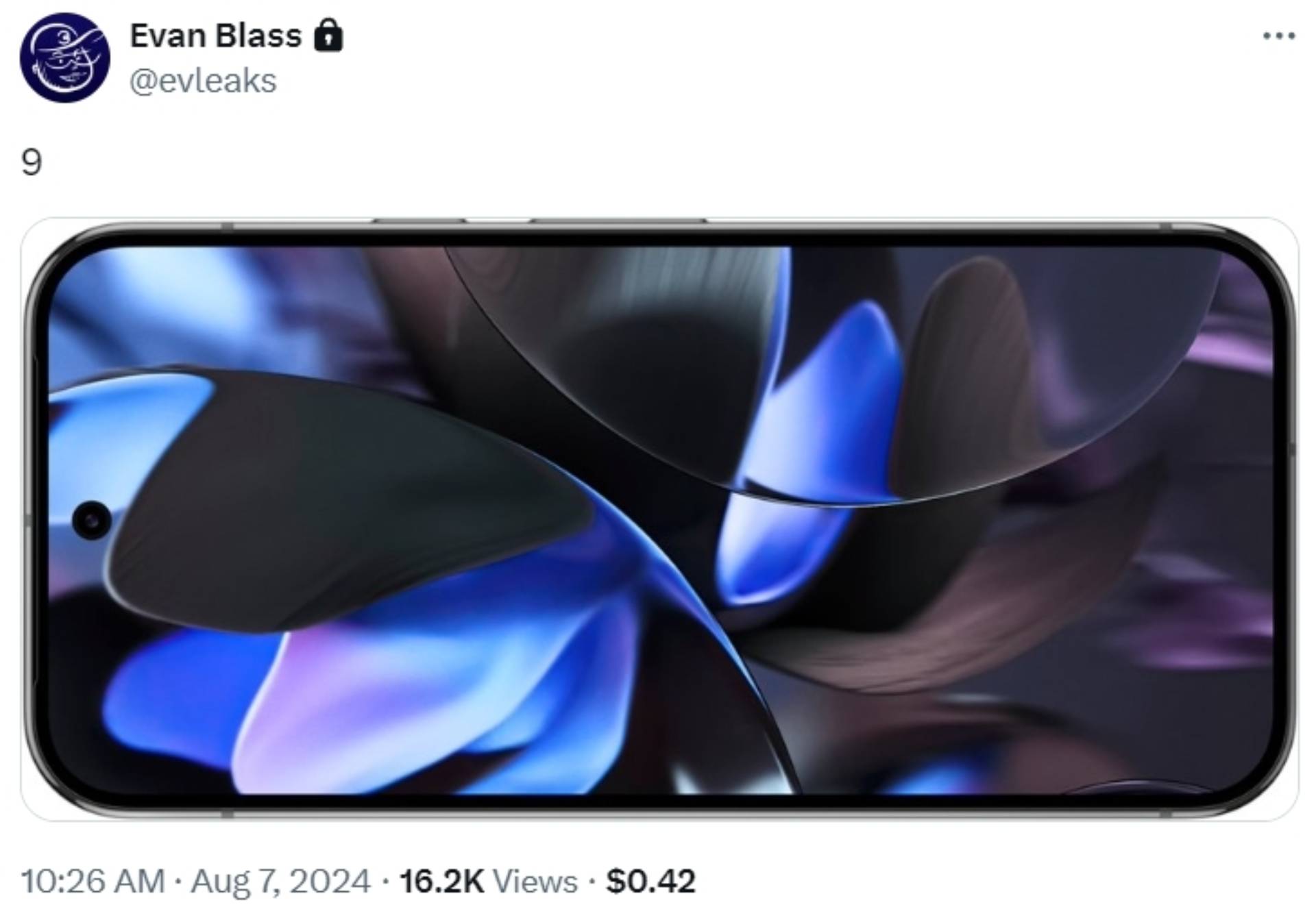 Capture d'écran du message d'Evan Blass sur X avec l'image du Pixel 9 divulguée.