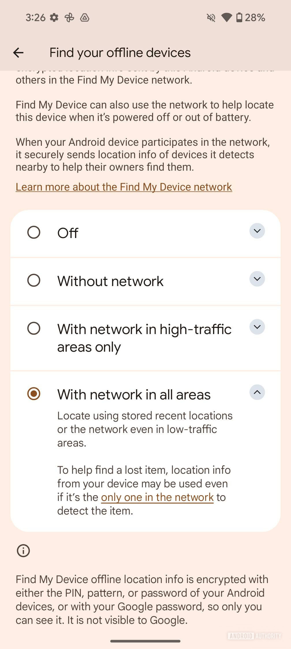 Screenshot of Find your offline devices settings on a Pixel 9.