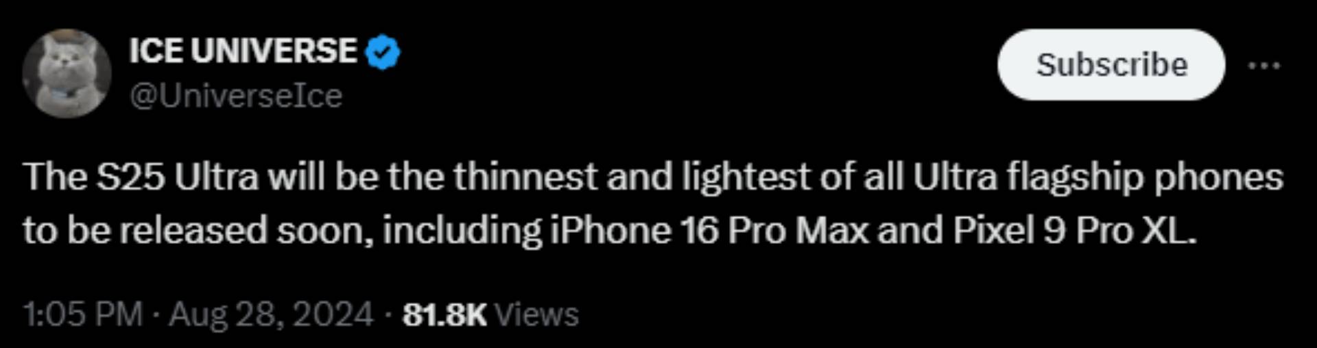 Screenshot of Ice Universe X post about thin and light Galaxy S25 Ultra.