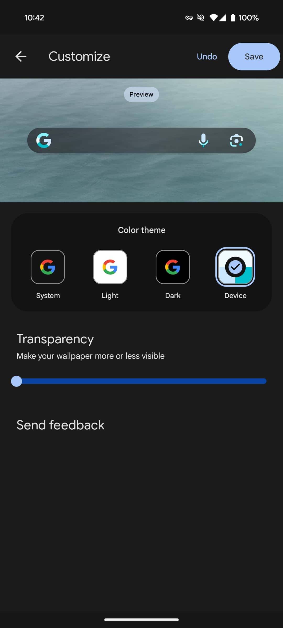 Updated Google Search widget Customize menu.