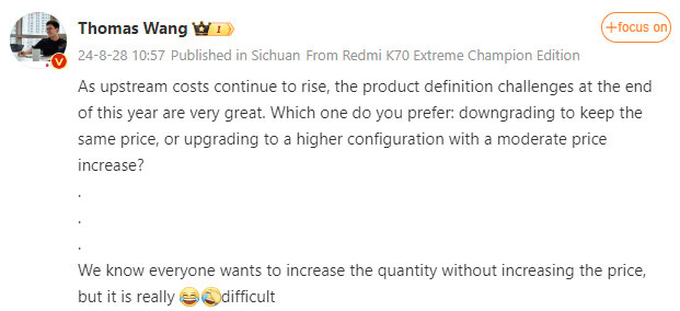 A Weibo post by Wang Teng Thomas of Xiaomi.