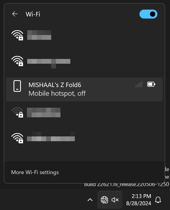 Windows WiFi panel Instant Hotspot