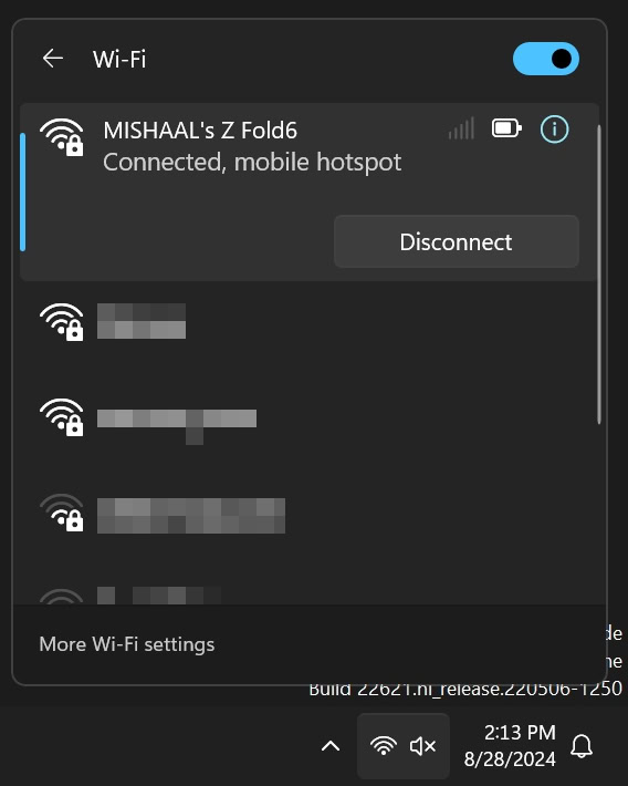 Windows WiFi panel Instant Hotspot on