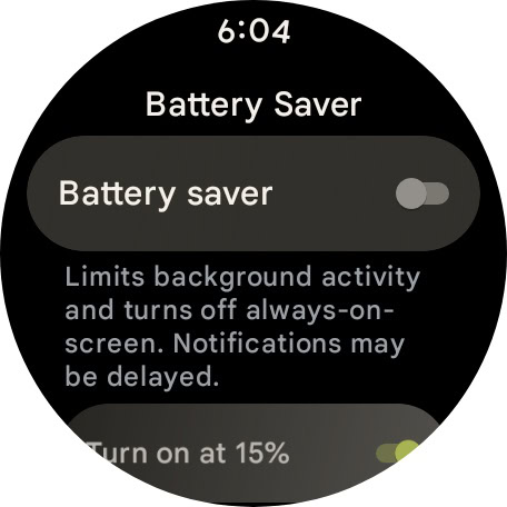 Google Pixel Watch 3 screenshot of Battery Saver screen within settings menu