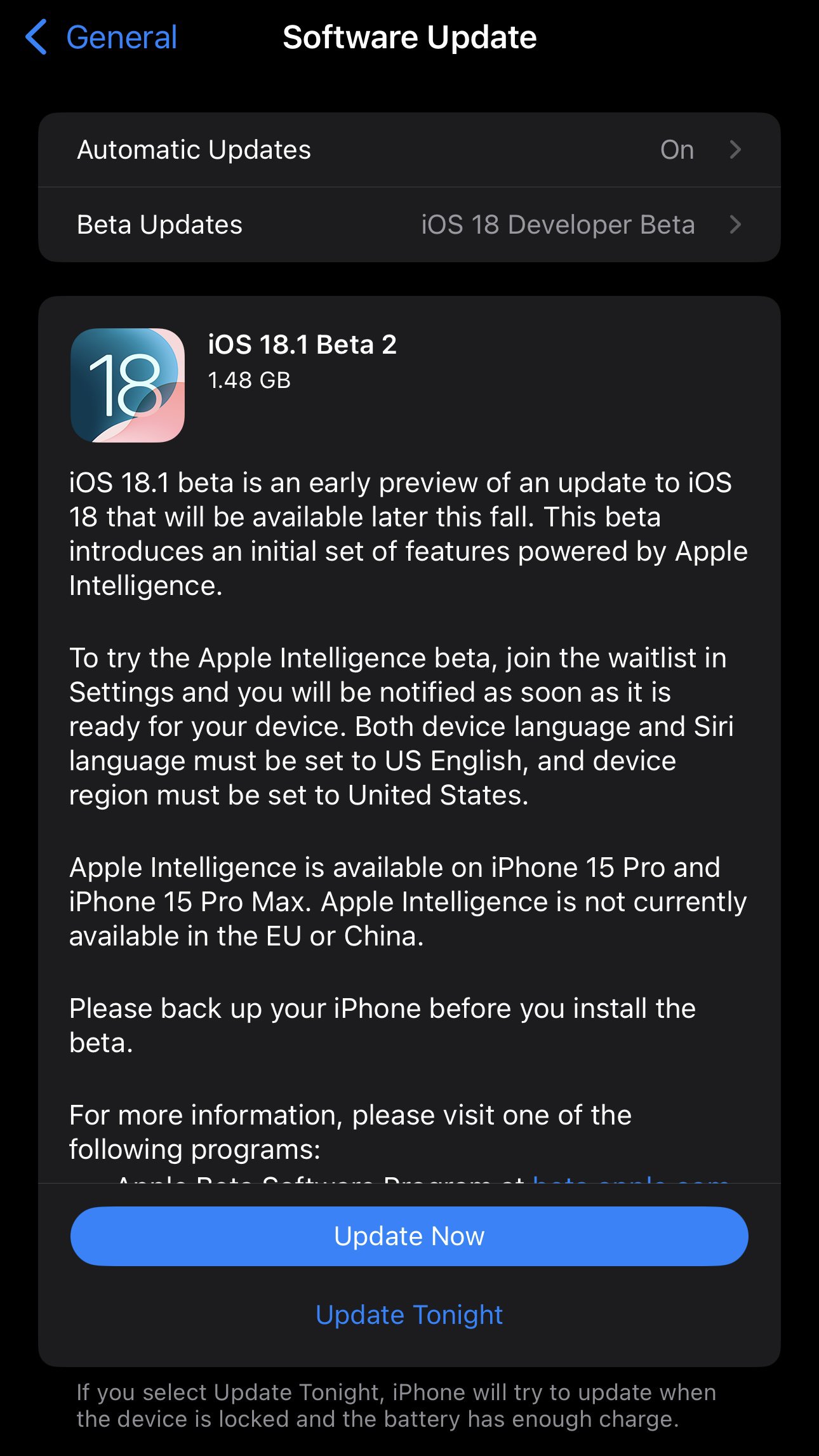 Výzva na aktualizáciu iOS 18.1 beta 2 v nastaveniach