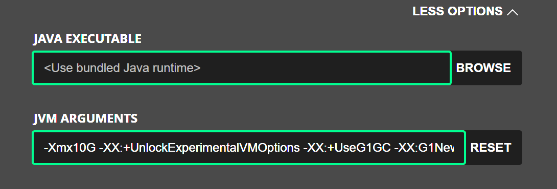 Minecraft JVM Arguments field within the Minecraft Java Edition launcher.