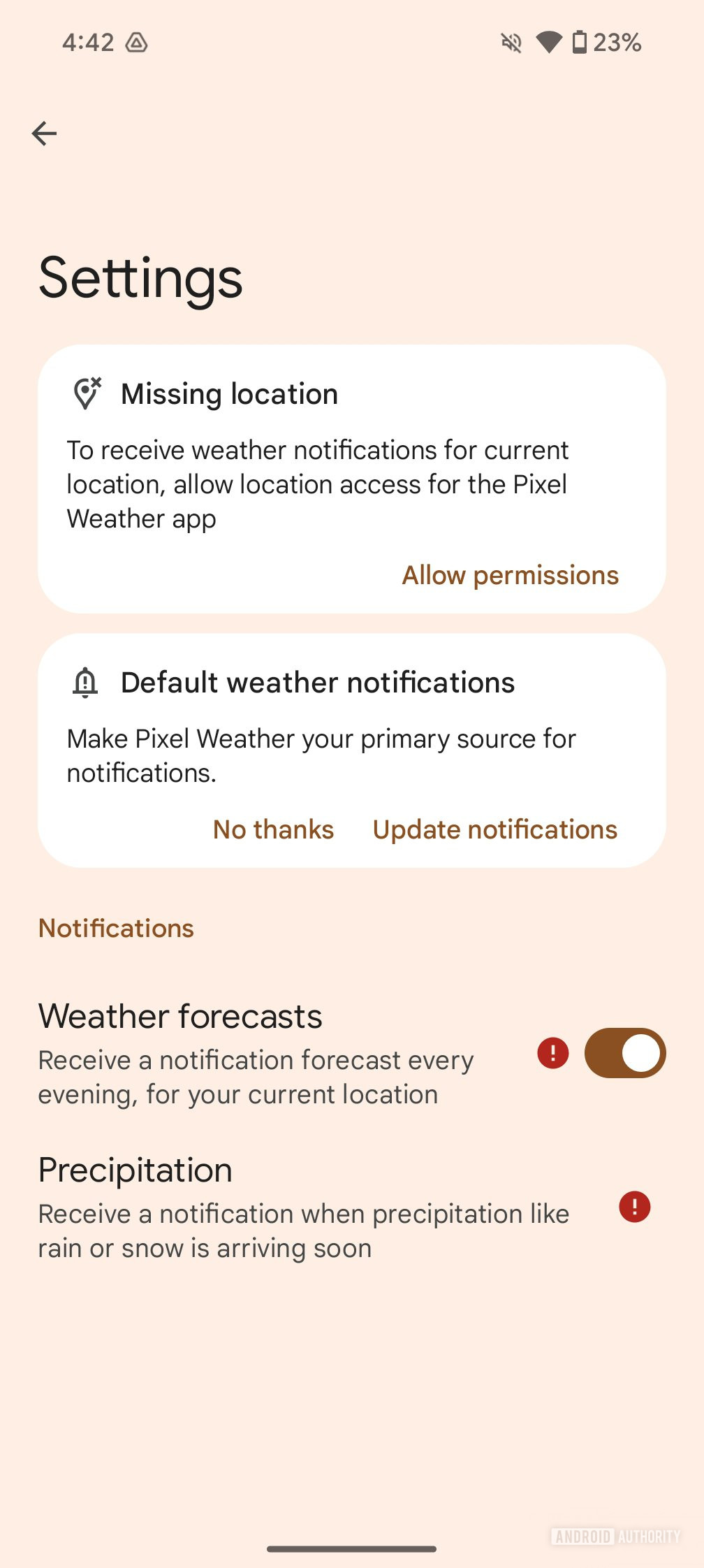 pixel weather app settings notifications convert