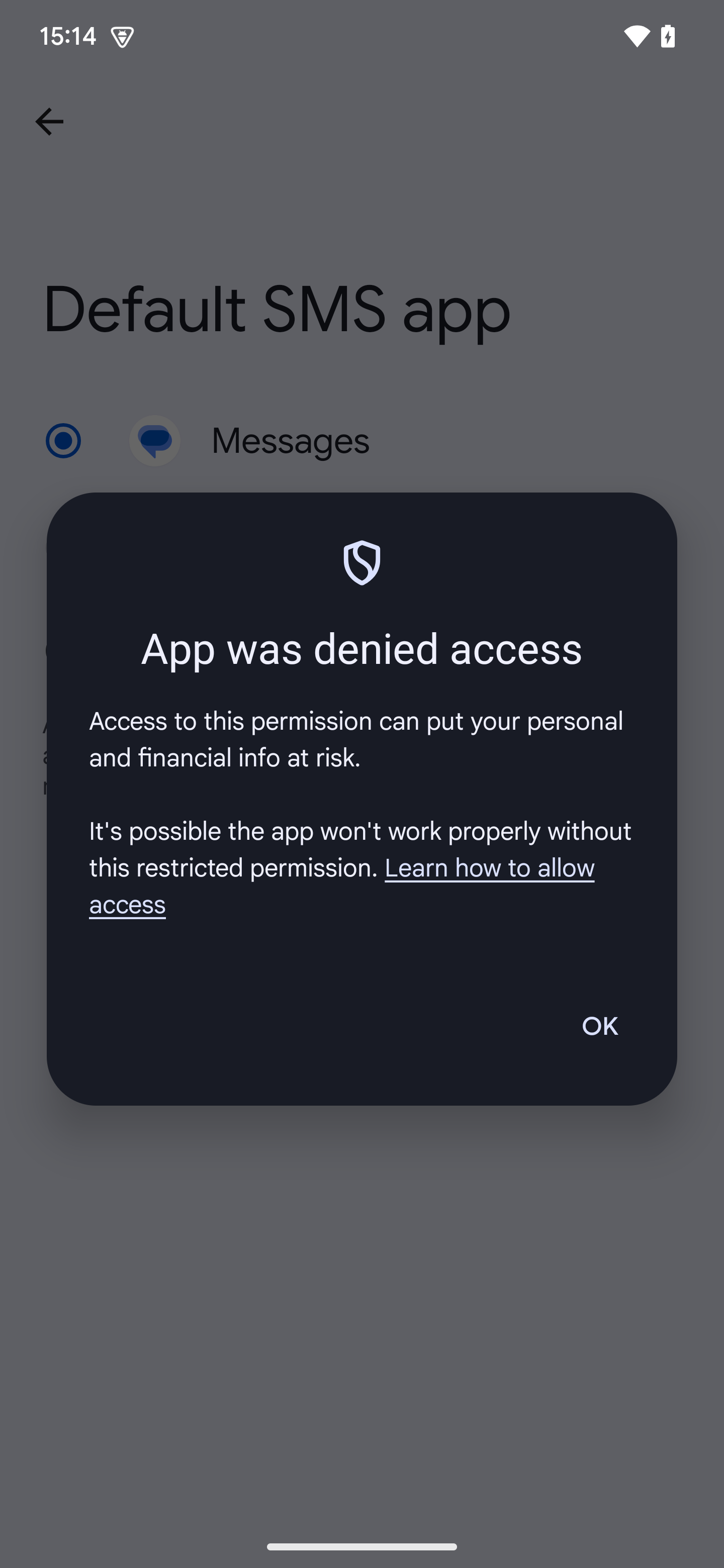 Android 15 default SMS app denied access dialog