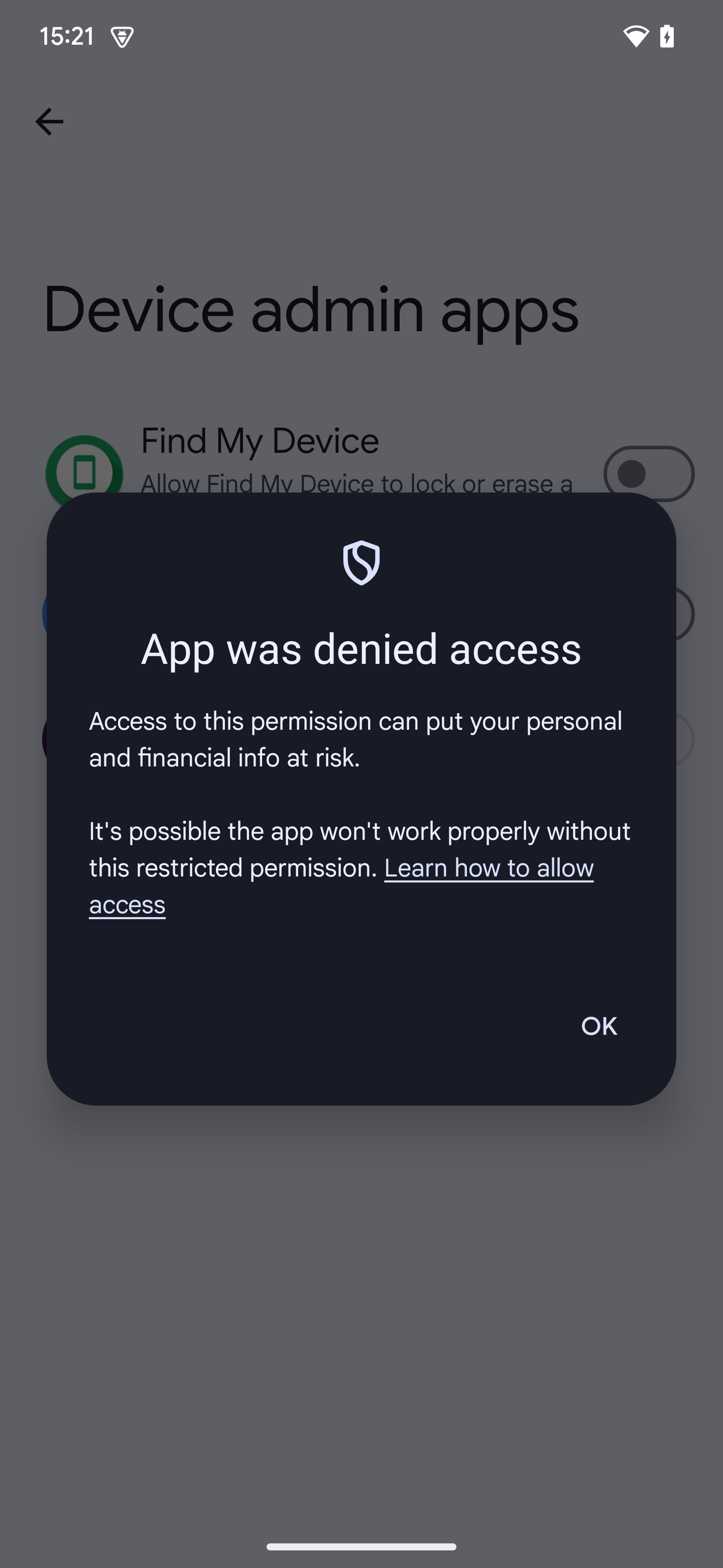 Android 15 default device admin denied access dialog