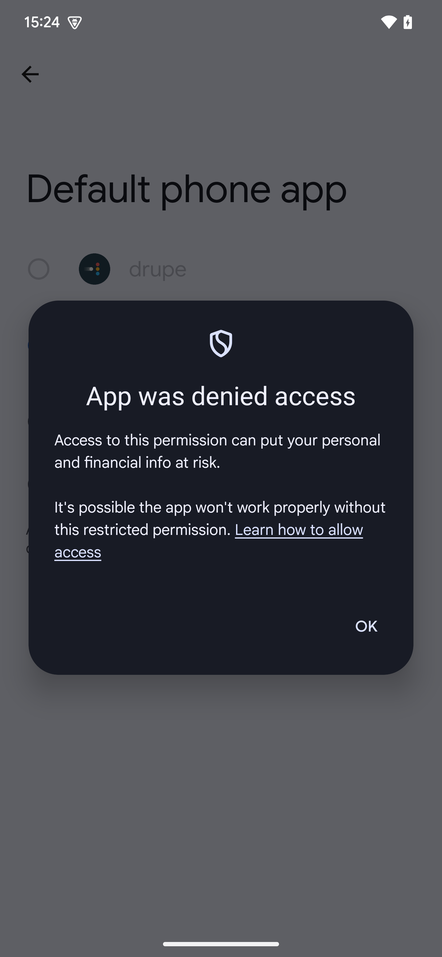 Android 15 default dialer app denied access dialog