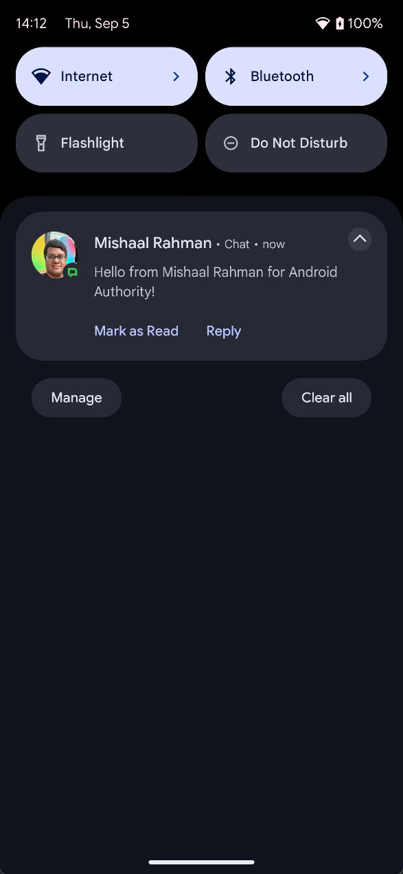 Android 15 single shade notifications panel dark mode