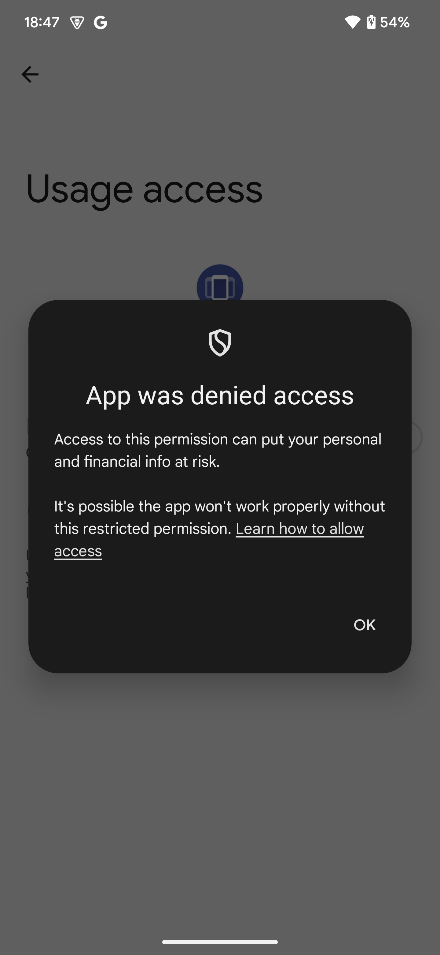 Android 15 usage access permission denied access dialog