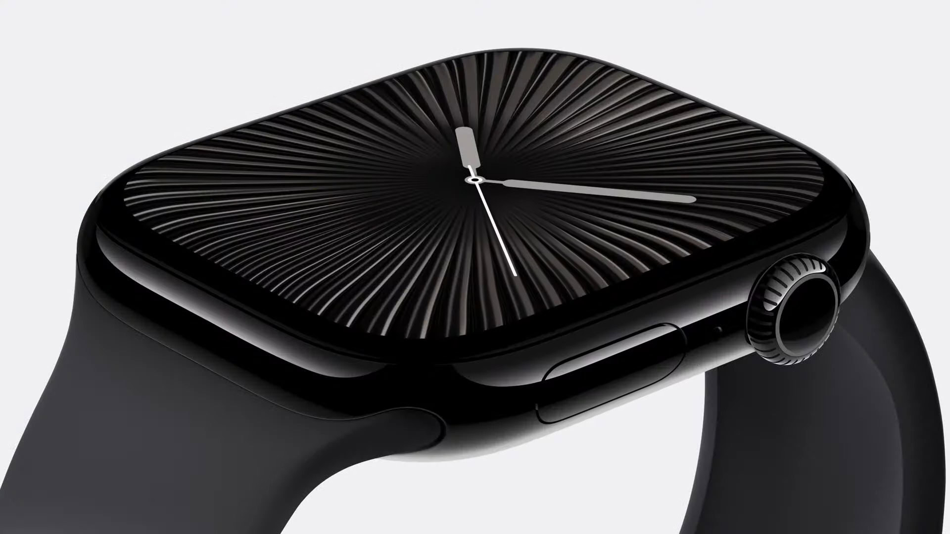 An Apple Watch Series 10 in Jet Black displays a new watch face design.