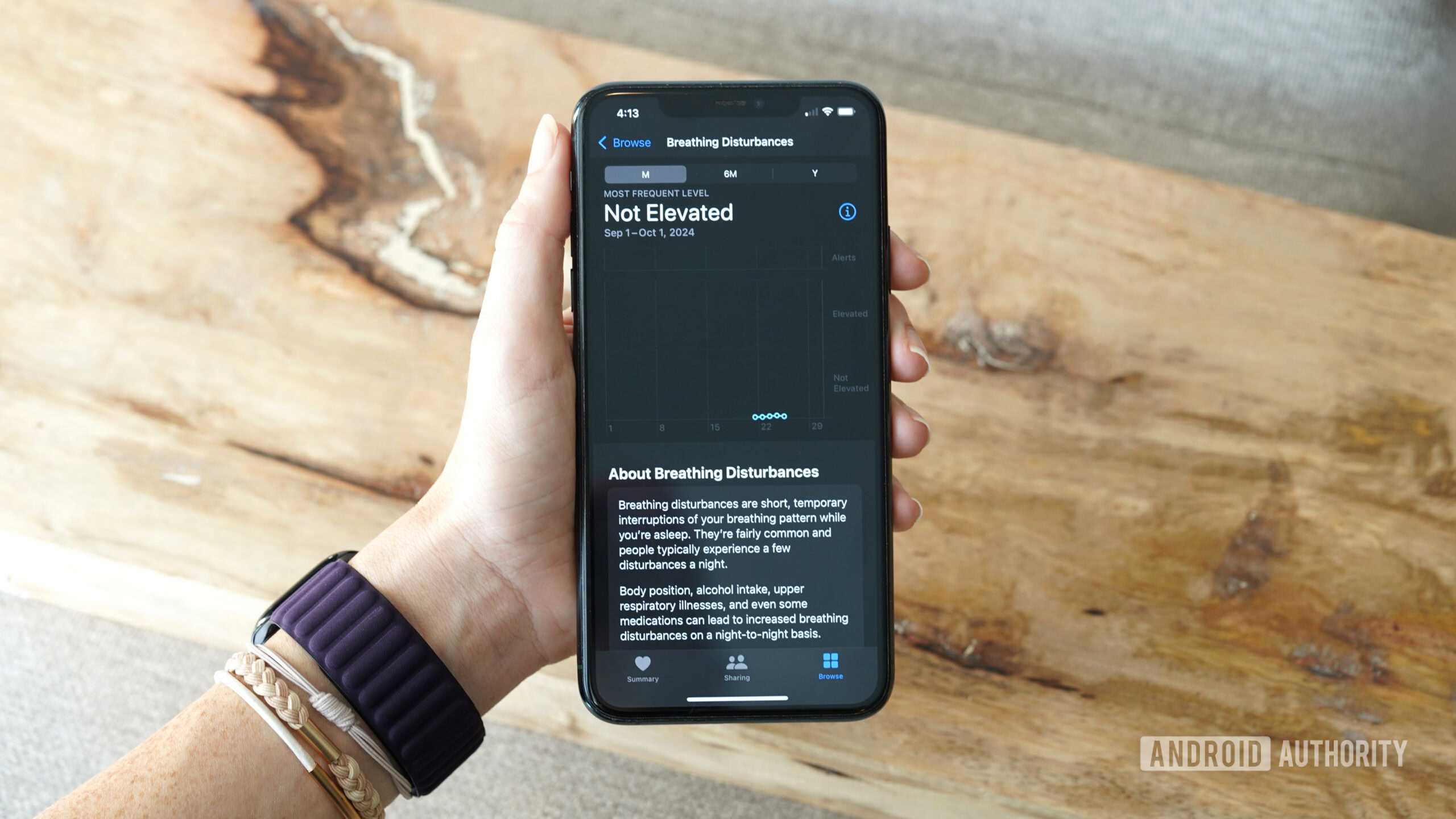 An Apple Watch user checks their Breathing Disturbances in the Apple Health app.