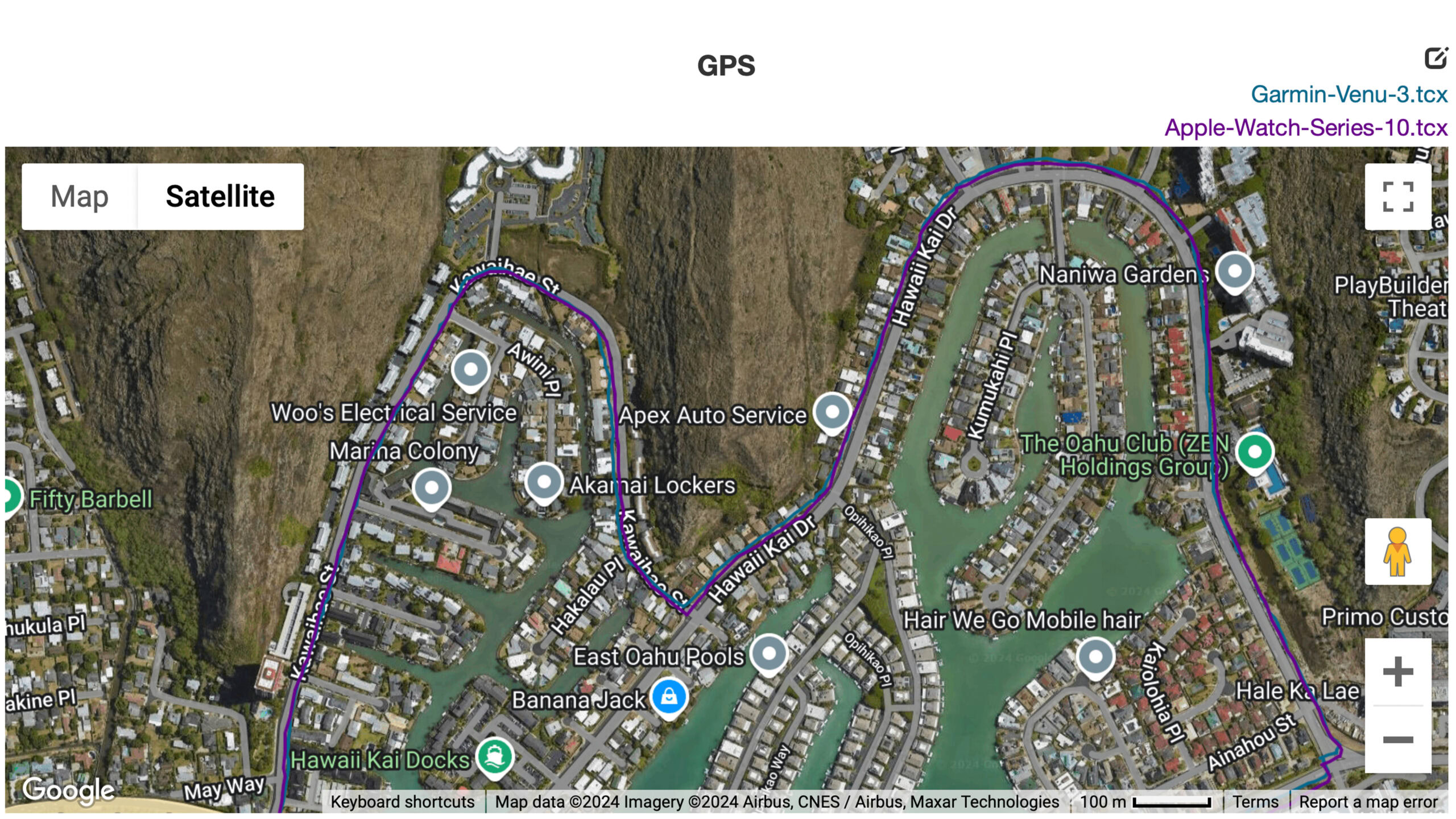 A GPS graph shows close alignment between routes tracked by an Apple Watch Series 10 and a Garmin Venu 3.