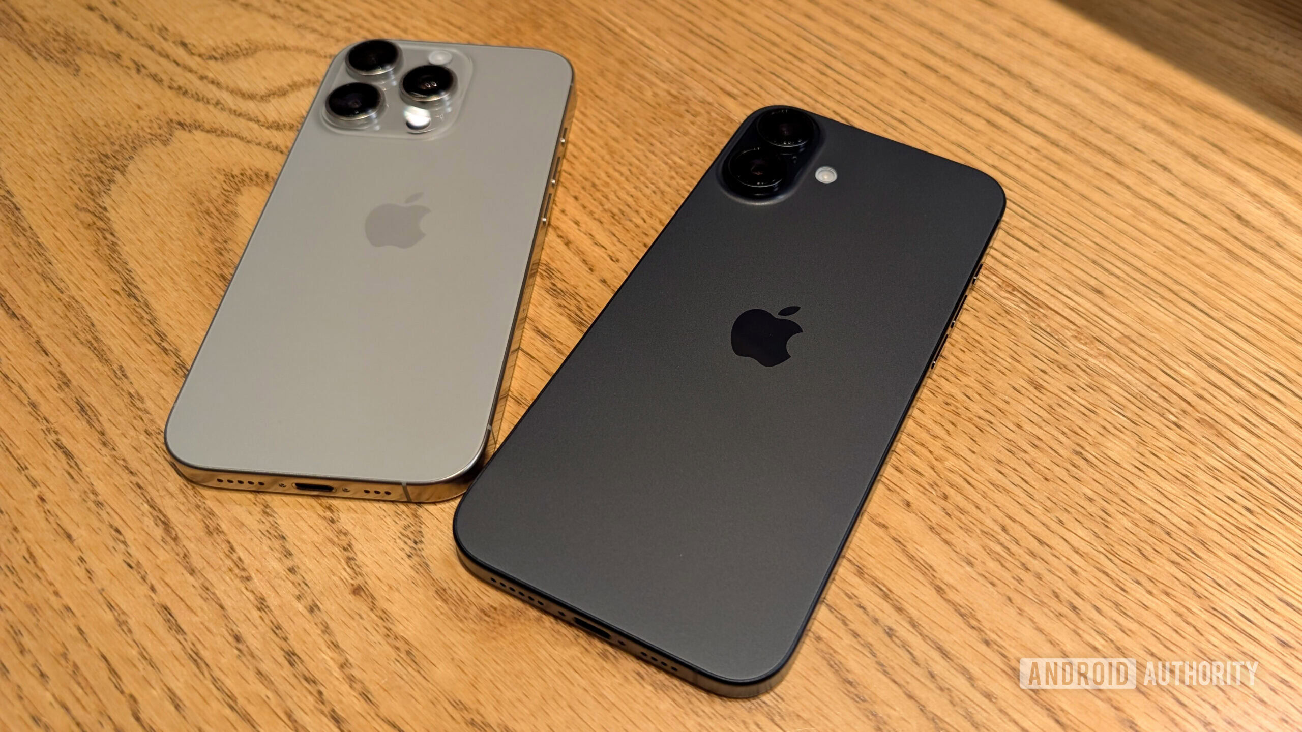 Apple iPhone 16 Pro in Natural Titanium color and iPhone 16 Plus in black color laid out on a table