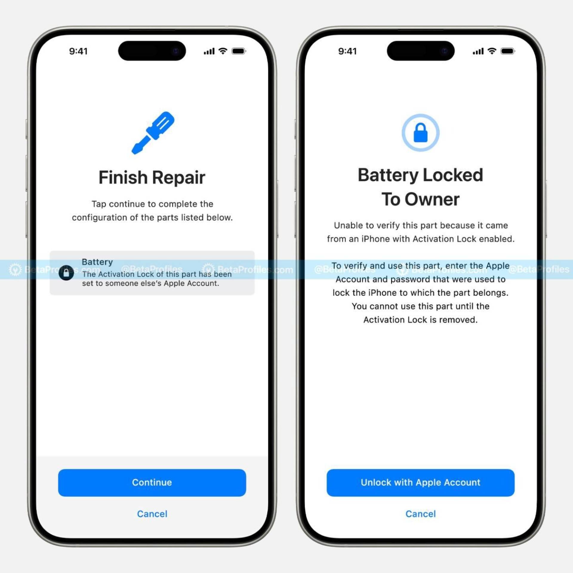 BetaProfiles screenshots of Activation Lock in iOS 18.