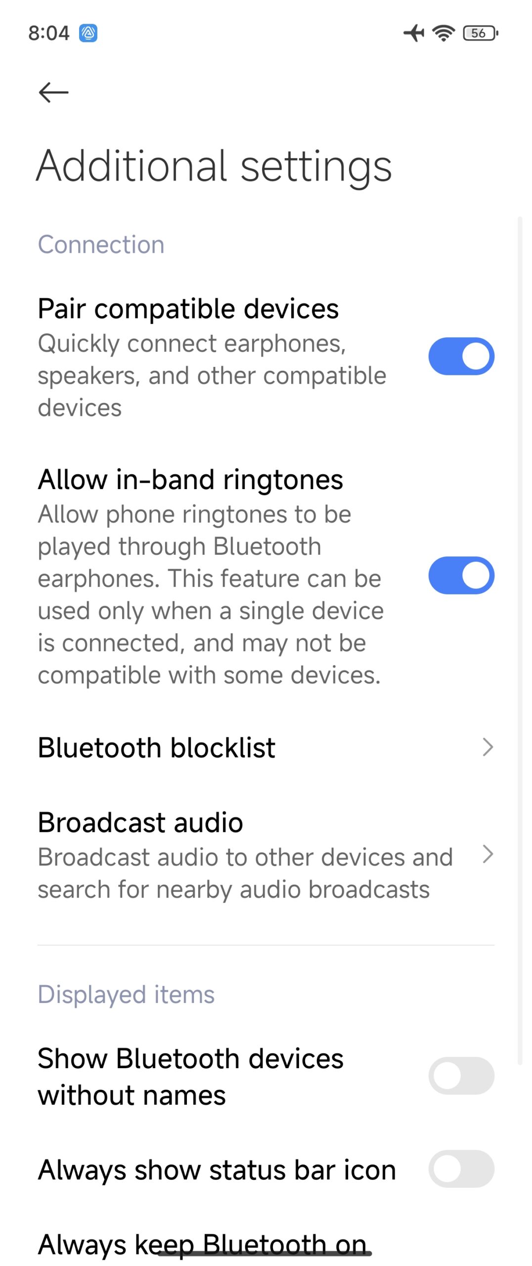 Broadcast audio option in Bluetooth additional settings