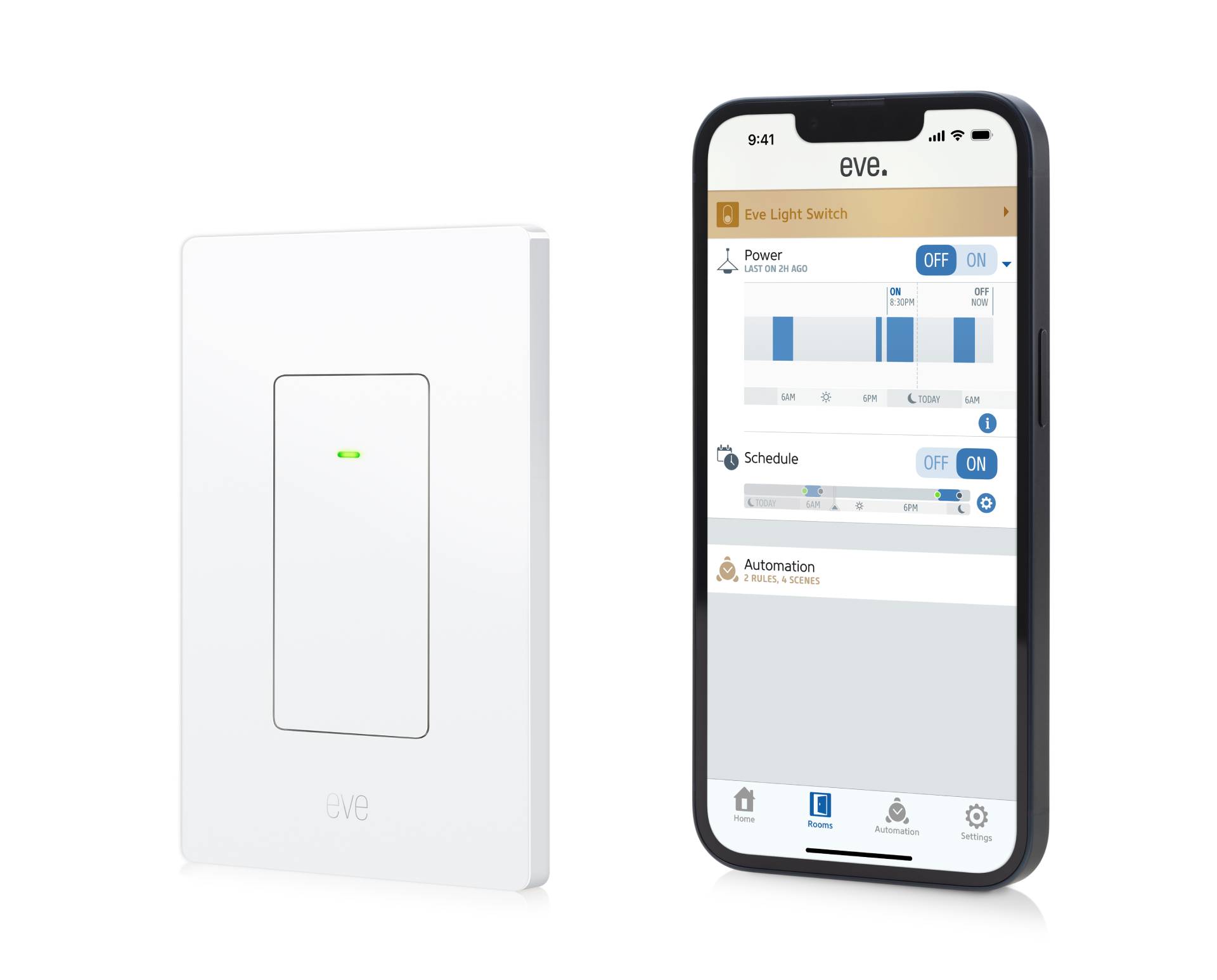 Eve Light Switch next to smartphone with Eve app.