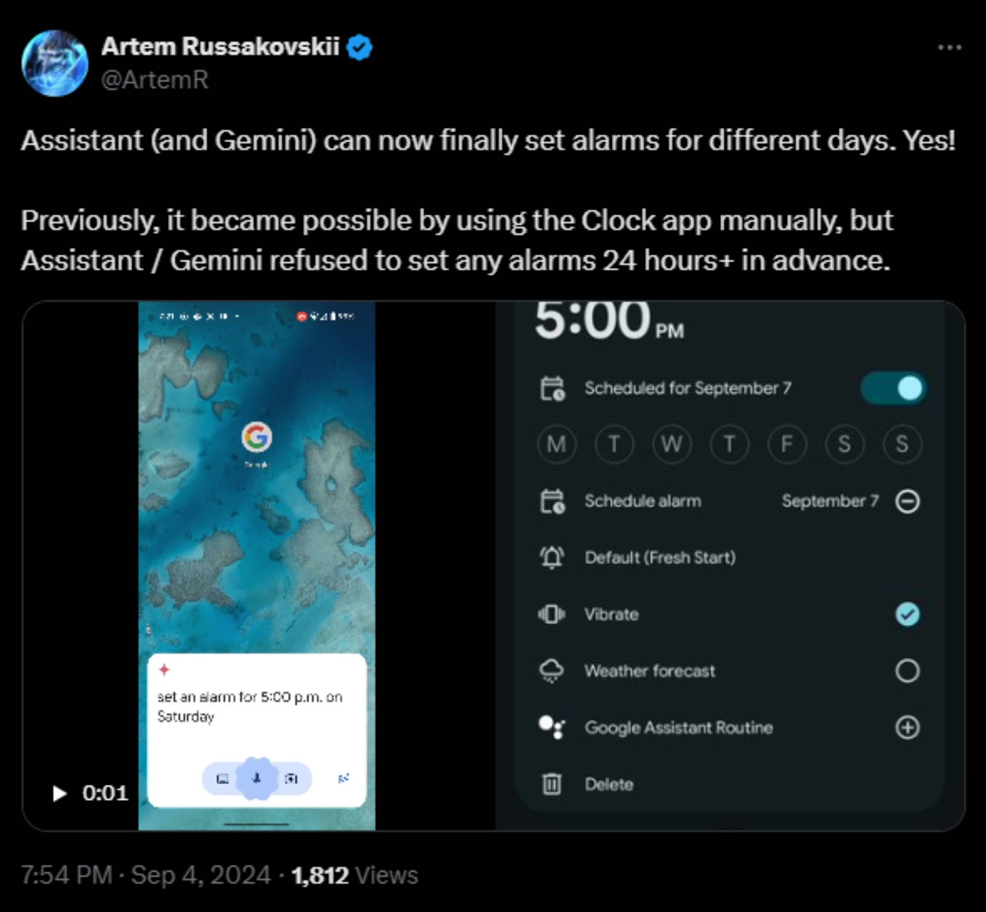 Screenshot of X post from Artem Russakovskii about Google Assistant and Gemini setting alarms more than 24 hours in advance.