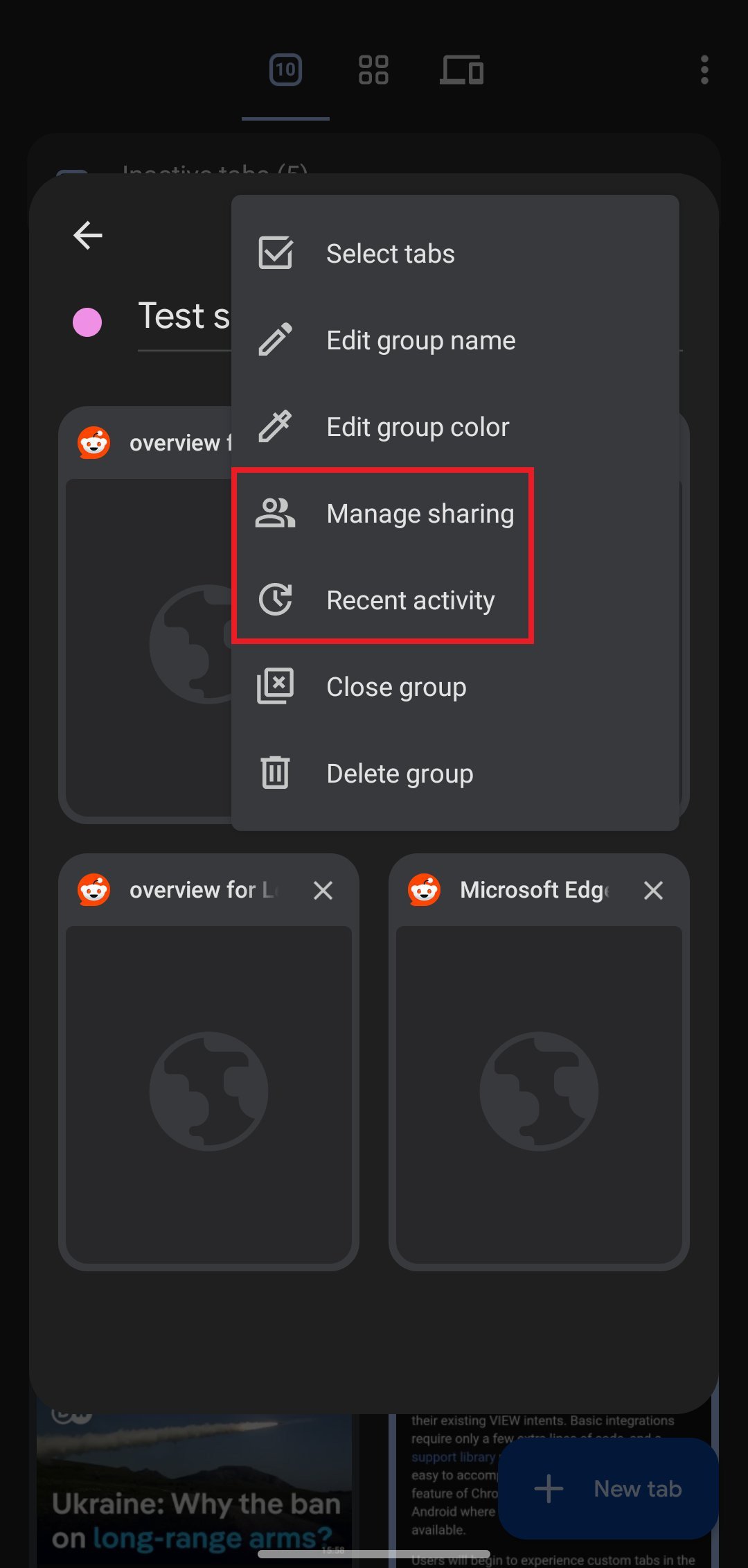 Screenshot showing new options in Chrome's tab groups three-dot menu.